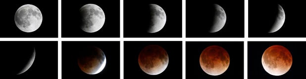 Photo show a time lapse of the moon during a total lunar eclipse