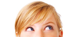 think, thinking, girl, woman, pretty, blond, eyes, forehead, on white, generic, 4x3