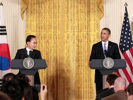 President Barack Obama and South Korean President Lee Myung-bak take part in a joint news conference in the East Room at the White House in Washington, Thursday, Oct. 13, 2011.