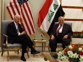 U.S. Vice President Joe Biden, left, and Iraqi President Jalal Talabani, right, attend a meeting in Baghdad, Iraq, Nov. 30, 2011.