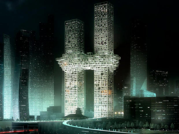 "The Cloud," a design of two Seoul skyscrapers, is seen in this artist's rendering provided Dec. 12, 2011, by Dutch architectural company MVRDV. The Dutch architectural company has apologized for the skyscrapers' design that to some resembles the World Trade Center exploding during the 9/11 terror attacks.