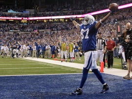 Reggie Wayne exults after his touchdown catch