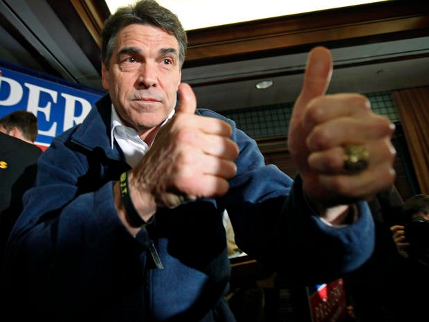 Texas Gov. Rick Perry reacts after speaking to local residents during a campaign stop at the Hotel Pattee Jan. 2, 2012, in Perry, Iowa.
