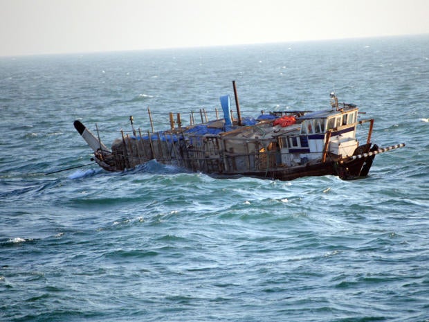 A port beam view photograph of the Iran-flagged dhow, Ya-Hussayn, taken from the U.S. Coast Guard Cutter Monomoy (WPB-1326). The cutter rendered assistance to six Iranian mariners who had to abandon the Ya-Hussayn after its engine room flooded. Monomoy is assigned to Commander, Task Force (CTF) 55, supporting maritime security operations and theater security cooperation efforts in the U.S. 5th Fleet area of responsibility