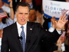 Republican presidential candidate, former Massachusetts Gov. Mitt Romney waves to supporters during his victory celebration after winning the Florida primary election Tuesday Jan. 31, 2012, in Tampa, Fla.