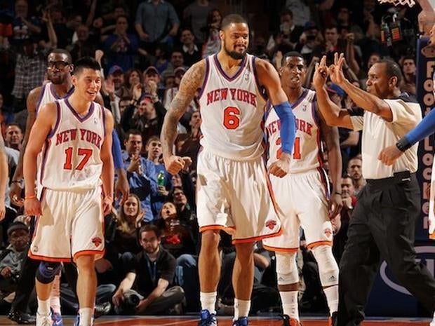 NEW YORK, NY - FEBRUARY 4: Amare Stoudemire #1, Jeremy Lin #17, Tyson Chandler #6, Iman Shumpert #21, and Carmelo Anthony #7 of the New York Knicks (L to R) react to the game action against the New Jersey Nets on February 4, 2012 at Madison Square Garden in New York City. NOTE TO USER: User expressly acknowledges and agrees that, by downloading and or using this photograph, User is consenting to the terms and conditions of the Getty Images License Agreement. Mandatory Copyright Notice: Copyright 2012 NBAE (Photo by Nathaniel S. Butler/NBAE via Getty Images)