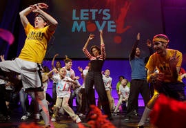 First lady Michelle Obama during a Let's Move event with children from Iowa schools, Thursday, Feb. 9, 2012, in De Moines, Iowa.