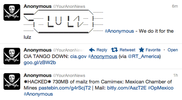 This Anonymous account publicized the CIA site outage with these messages on Twitter.