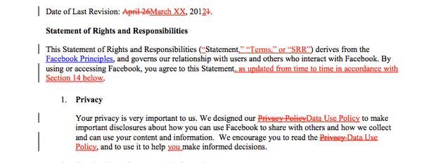 A section of the proposed changes to Facebook's Statement of Rights and Responsibilities for users.