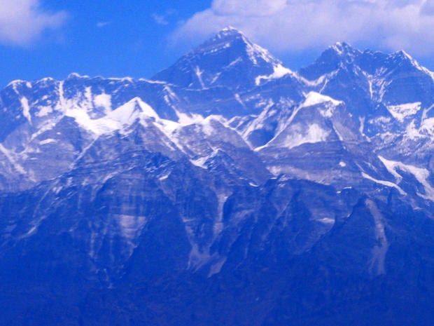 An aerial view of the Mount Everest range is seen Feb. 6, 2012, some 87 miles northeast of Kathmandu, Nepal.