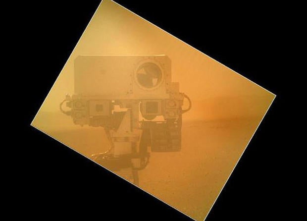 On Sol 32 (Sept. 7, 2012) the Curiosity rover used a camera located on its arm to obtain this self portrait. The image of the top of Curiosity's Remote Sensing Mast, shows the Mastcam and Chemcam cameras.