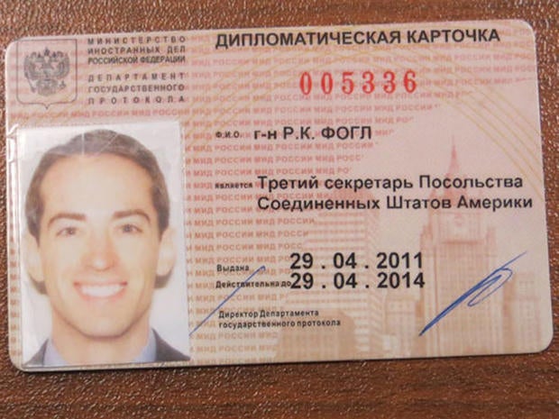 Purported Russian-issued diplomatic ID card of a U.S. man identified by Russian security services as Ryan Christopher Fogle