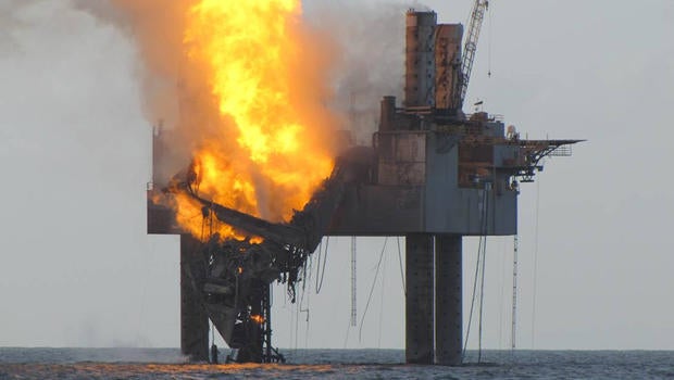 Abatement efforts underway near Hercules 265 Rig where fire has caused collapse of the drill floor and derrick following an explosion Tuesday night.