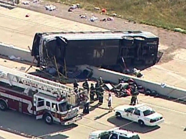 A bus is seen on an Indianapolis thoroughfare after a deadly crash July 27, 2013, in this aerial shot from CBS Indianapolis affiliate WISH-TV.
