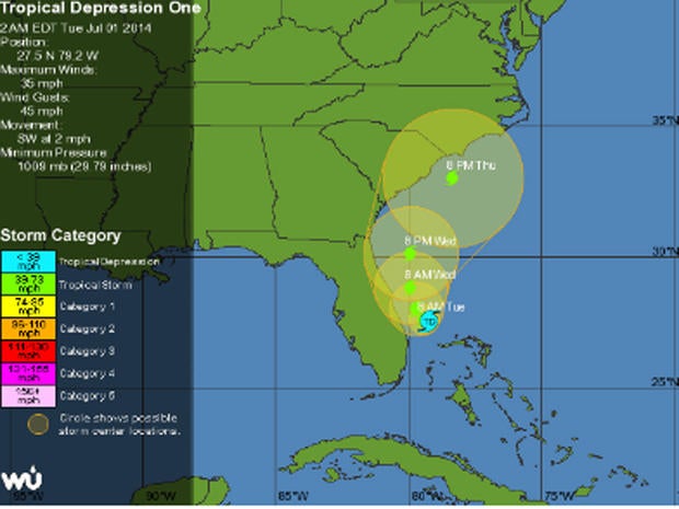 Tropical depression off Florida on July 1, 2014 was expected to grow quickly into Atlantic hurricane season's first named storm