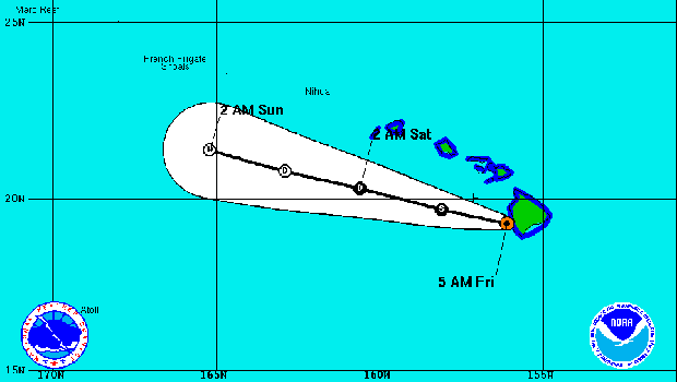 A graphic shows the projected track for Tropical Storm Iselle from the National Weather Service Aug. 8, 2014.