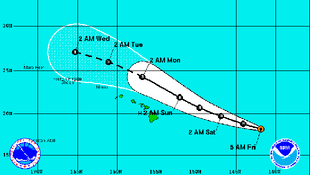 A graphic shows the projected track of Hurricane Julio from the National Weather Service Aug. 8, 2014.