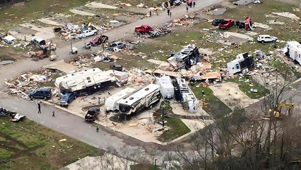 Wreckage covers the grounds of a mobile home park a day after it was hit by a tornado in Convent, Louisiana, Feb. 24, 2016, in an aerial photo provided by the Louisiana Governor's Office of Homeland Security and Emergency Preparedness.