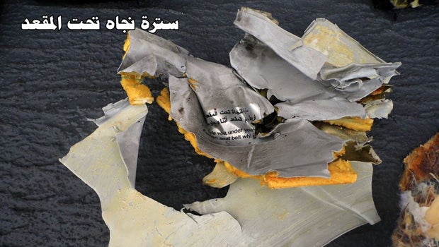 Debris recovered from a hunt for EgyptAir Flight 804 is seen in this print posted to an Egyptian troops Facebook page May 21, 2016.