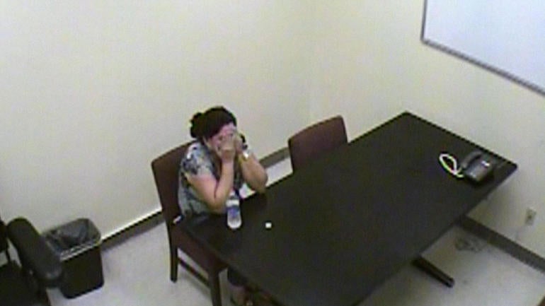 Frances Hall in police interrogation room
