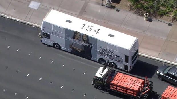 An aerial view shows a bus where a suspected gunman was in a standoff with police on the Las Vegas Strip on March 25, 2017.