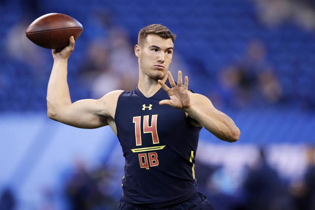 Quarterback Mitch Trubisky of North Carolina throws during a passing drill on day four of the NFL Combine at Lucas Oil Stadium on March 4, 2017, in Indianapolis, Indiana. 