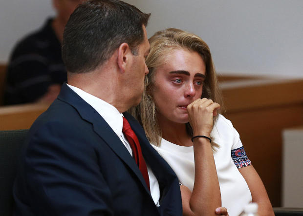 Michelle Carter awaits her sentencing in a courtroom in Taunton, Mass., Aug. 3, 2017, for involuntary manslaughter for encouraging Conrad Roy III to kill himself in July 2014. 