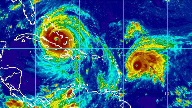 Irma, left, and Jose are seen in an infrared satellite image captured at 10:45 a.m. ET on Sept. 8, 2017. 