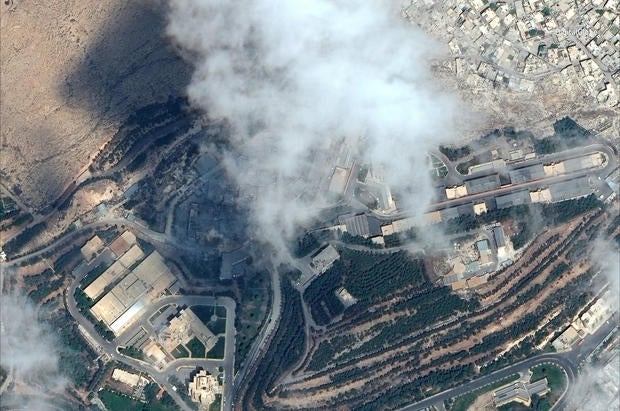 Satellite image shows the Barzah Research and Development Center after being struck in Damascus