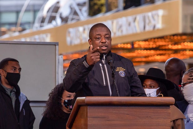 New York State Senator Brian Benjamin speaks during the