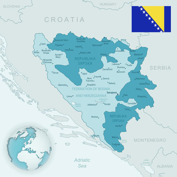 Blue-green detailed map of Bosnia and Herzegovina administrative divisions with country flag and location on the globe. 