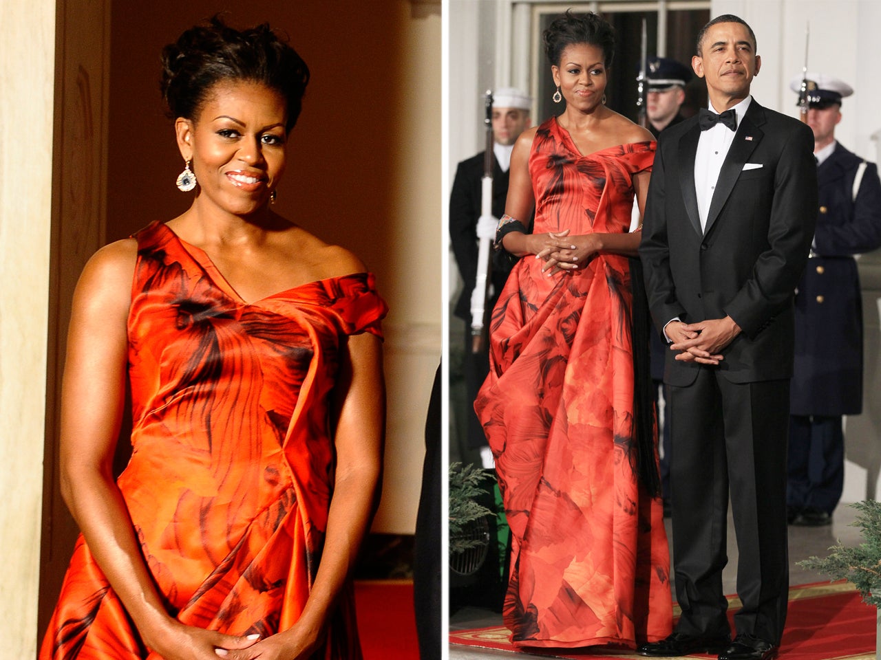 First Lady Wears Red Alexander McQueen Gown for State Dinner - CBS News