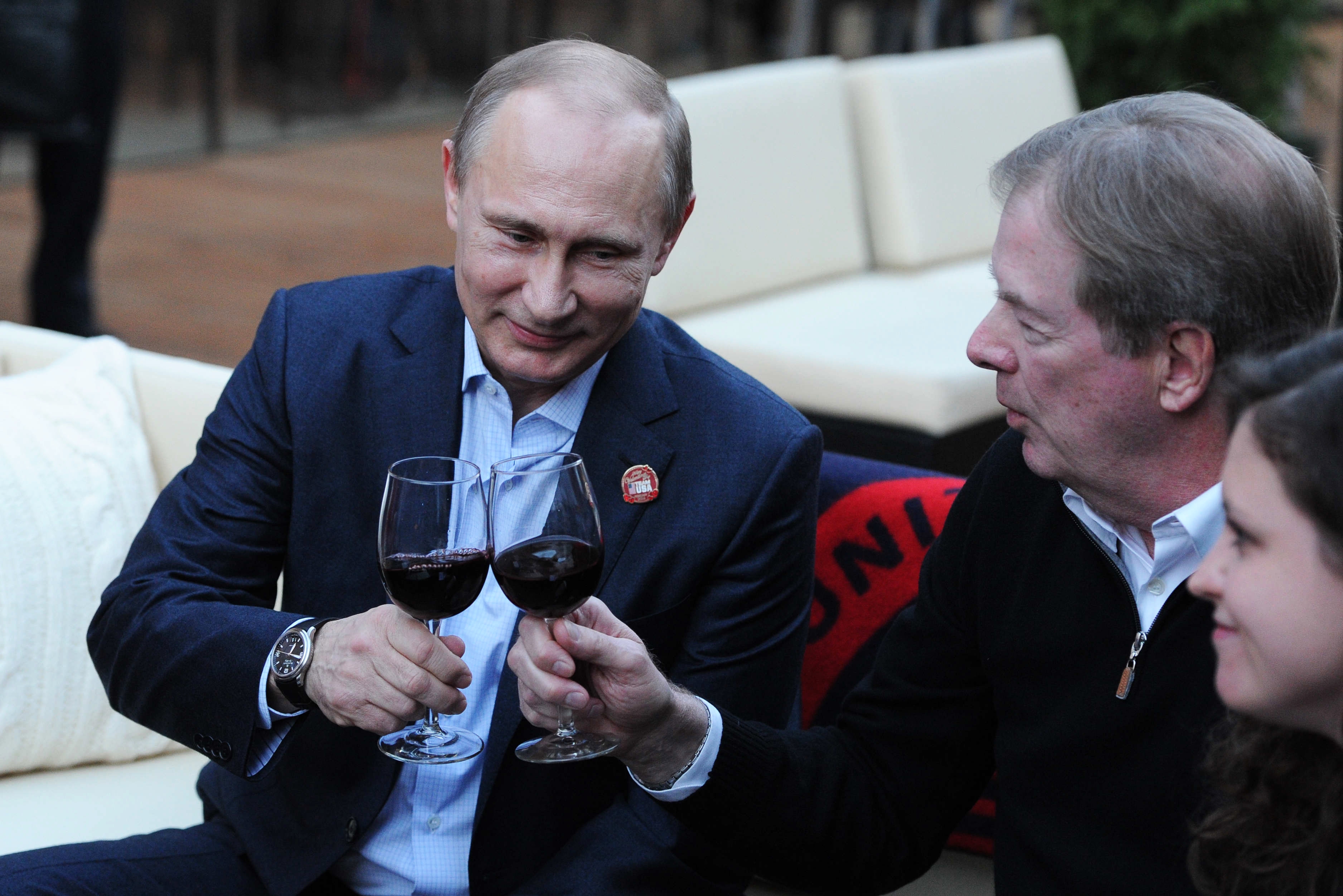 Winter Olympics Vladimir Putin Dons Team Usa Pin Drinks Wine At U S Olympic House Cbs News