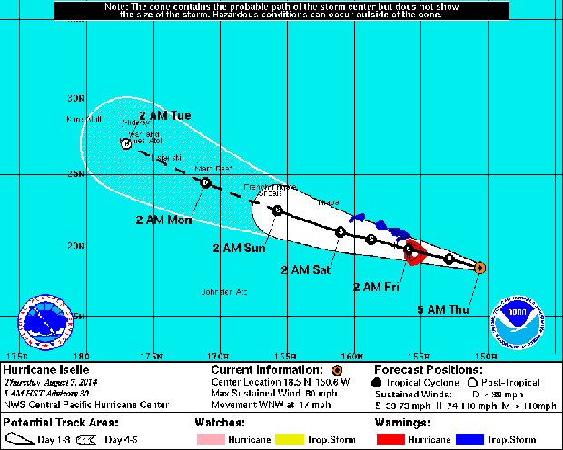 The five-day track for Hurricane Iselle as of 11 a.m. Eastern time Aug. 7, 2014 