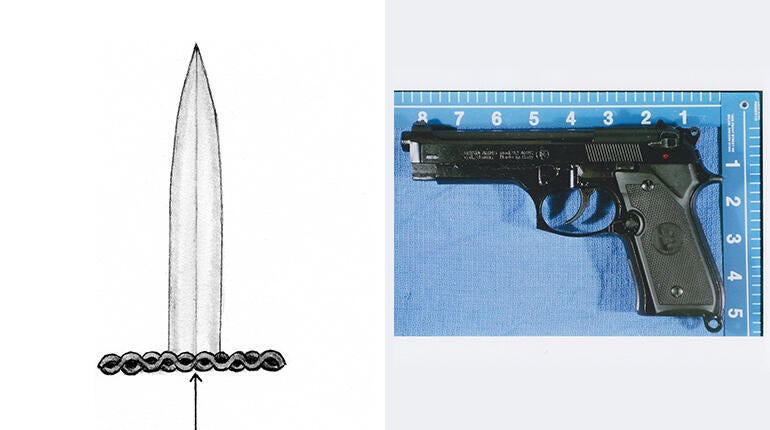 Investigators say the intruder was armed with unusual weapons: a dagger with an ornate hilt, resembling this police sketch, and a prop gun, like this one made by Brixia.