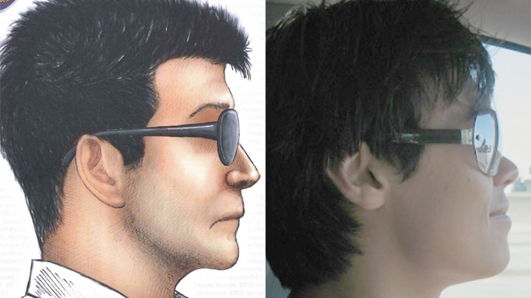 The suspect sketch released by Seattle Police, left, and Dinh Bowman, right 