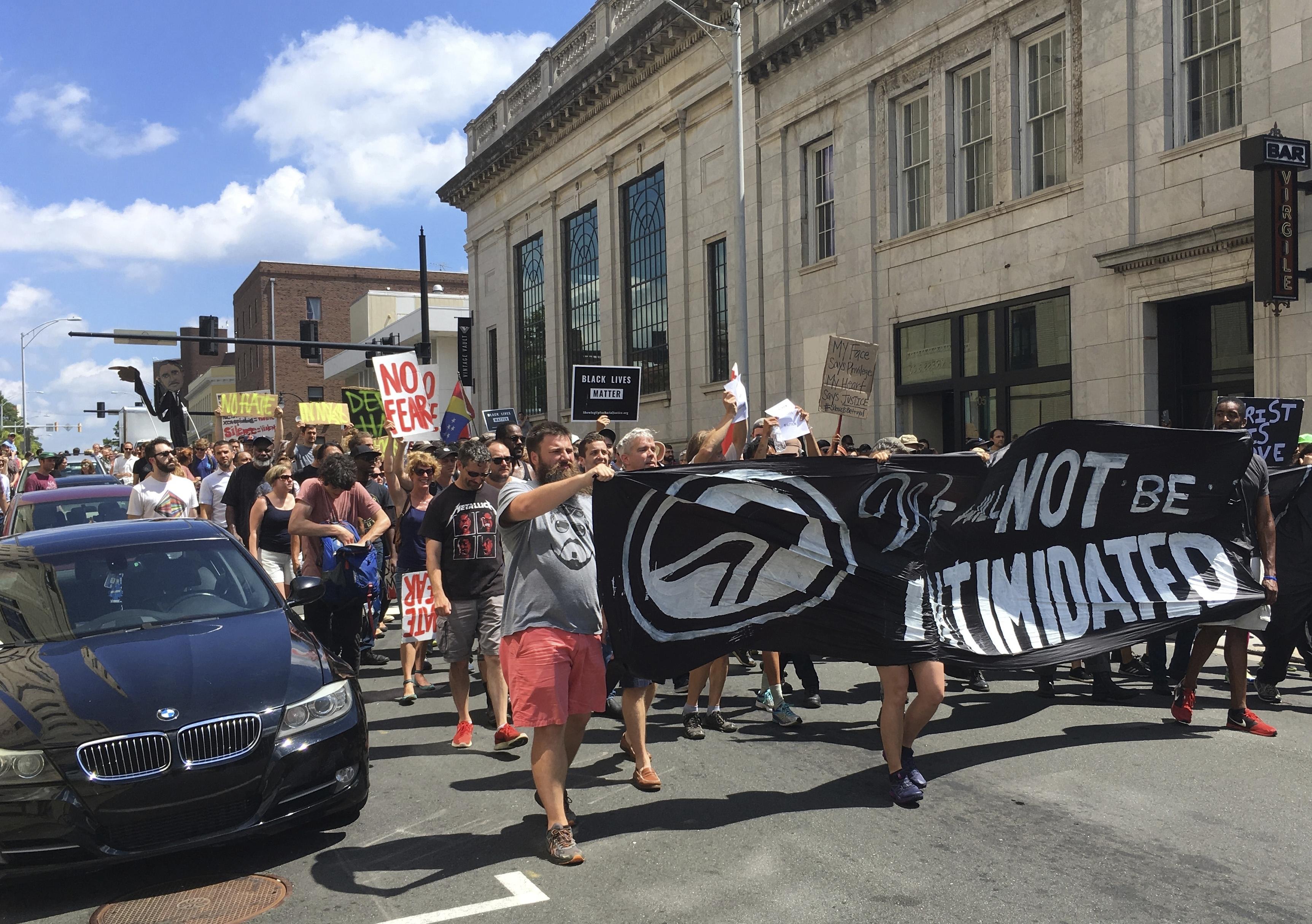 Antihate protesters march in Durham, North Carolina, after KKK rally