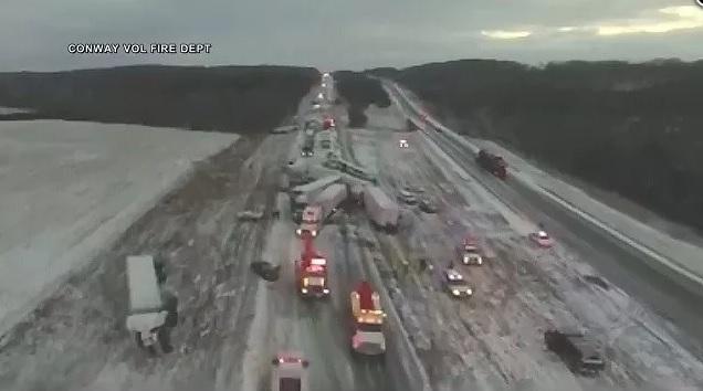 Drone video shows aftermath of 50-car pile-up on Interstate 44 in
