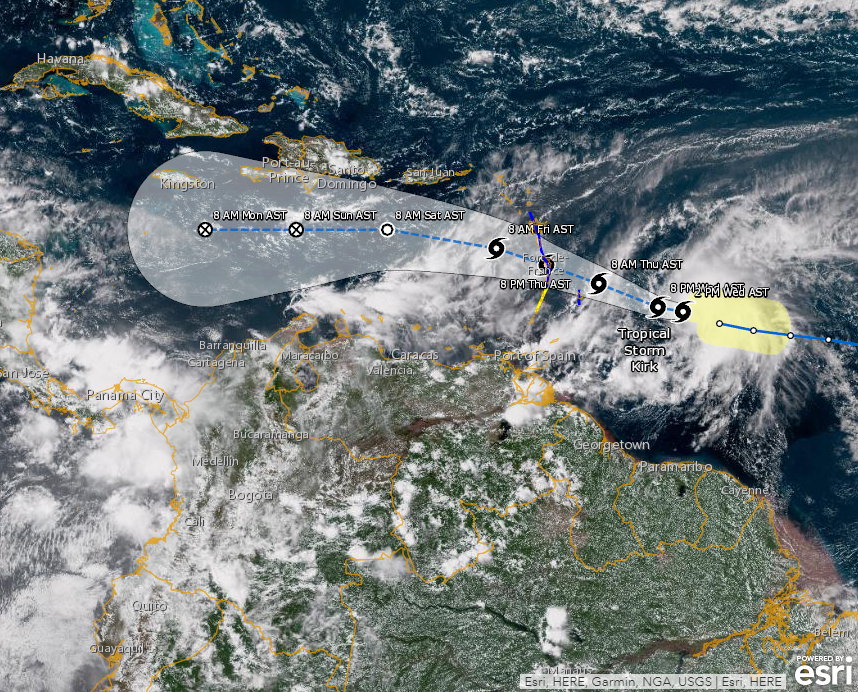 Tropical Storm Kirk today Reemerges and strengthens in the Atlantic