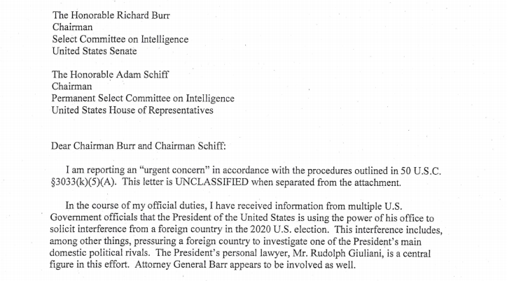 Whistleblower Complaint Release Declassified Version Of Complaint Released By House Intelligence Committee Ahead Of Dni Hearing Today Cbs News