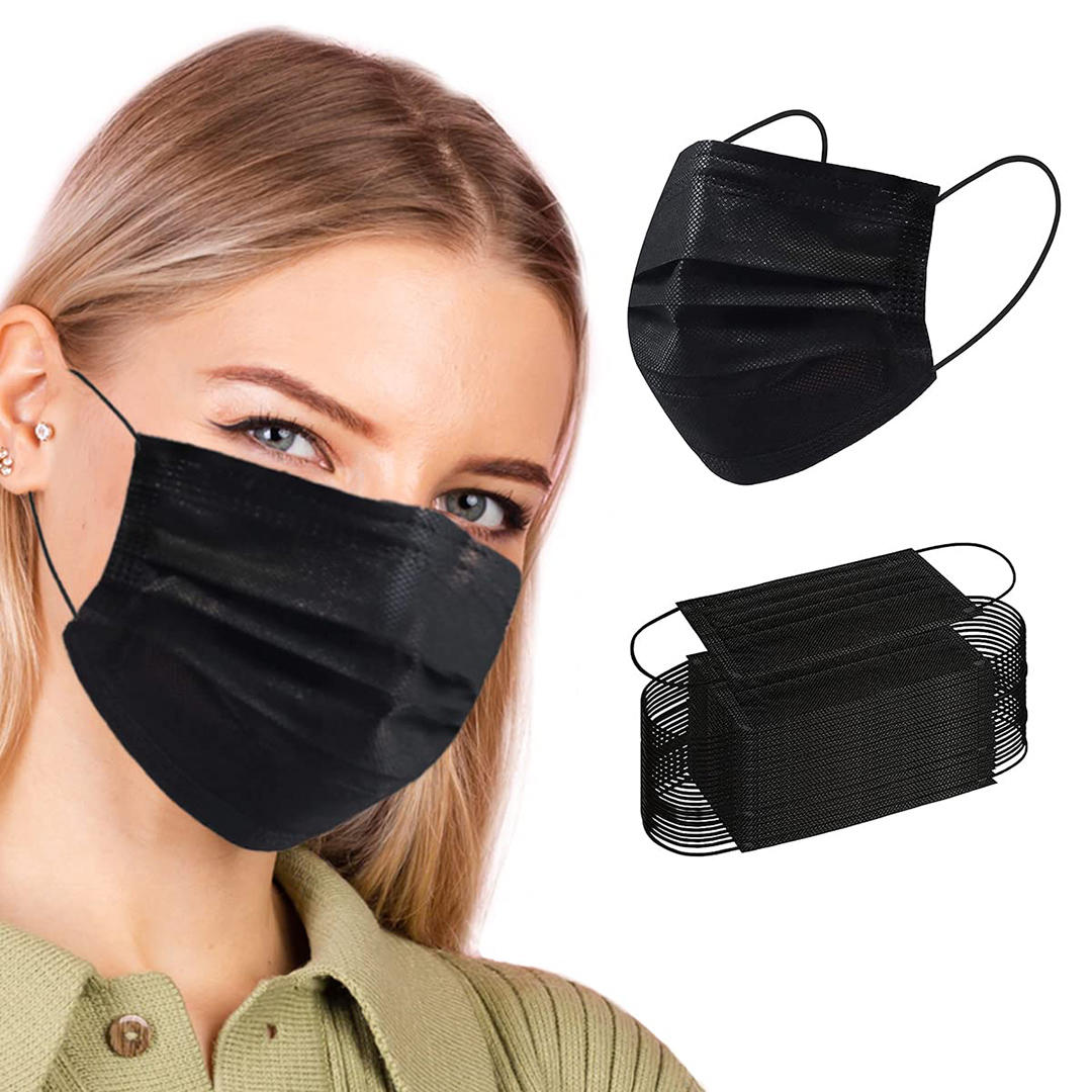 Black Disposable Face Mask 100 Pack 3 Ply Breathable Dust Masks for Adults 