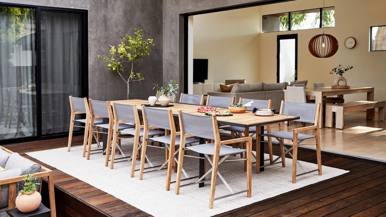 Outer Teak & Aluminum Outdoor Expandable Dining Table & 8 Director's Chairs 