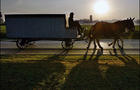 An Amish man drives a bench wagon, used in a funerals, along Mines Road in Nickel Mines, Pa., 