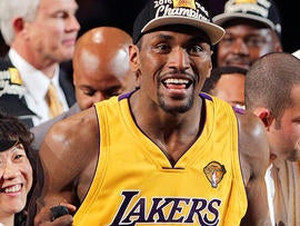 Los Angeles Lakers forward Ron Artest reacts to winning the NBA basketball championship 83-79 against the Boston Celtics Thursday, June 17, 2010, in Los Angeles.