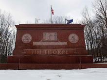In this photo taken on Tuesday, Jan. 12, 2010, the tomb of Jim Thorpe is shown in Jim Thorpe, Pa. A son of Jim Thorpe is suing the Poconos town that bears his father's name over the remains of the Native American often called the 20th Century's greatest a