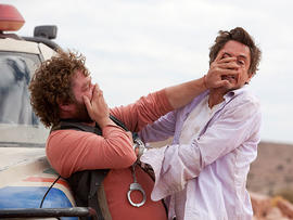 In this film publicity image released by Warner Bros., Zach Galifianakis, left, and Robert Downey Jr. are shown in a scene from "Due Date." (AP Photo/Warner Bros., Melinda Sue Gordon)