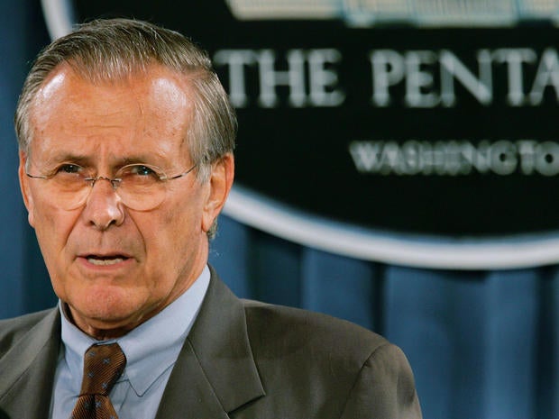 Donald Rumsfeld speaks during a news briefing