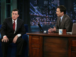 Jimmy Fallon and Stephen Colbert on "Late Night with Jimmy Fallon," March 28, 2011.