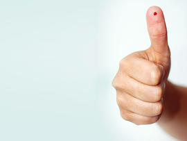 blood test, thumbs up, hand, simple, stock, 4x3, pin prick