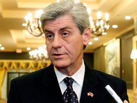 Mississippi Gov. Phil Bryant tells reporters he favors some sort of limits on gubernatorial pardon powers Jan. 17, 2012, in Jackson, Miss.
